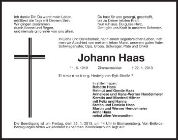 Traueranzeige von Johann Haas von Der Bote